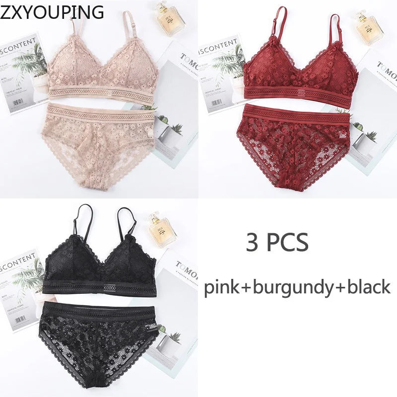 3 Piece Set Bra Sexy Lace Beauty Back Suit Underwear Gather Seamless Women's Underwear Panties Comfortable Lingerie