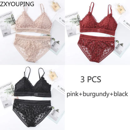 3 Piece Set Bra Sexy Lace Beauty Back Suit Underwear Gather Seamless Women's Underwear Panties Comfortable Lingerie