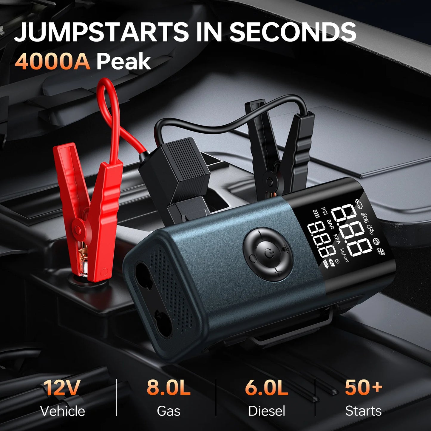 BUVAYE Car Jump Starter with 150PSI Air Compressor & Blower 12V Battery Booster Pack 10000mAh Multi-Function Emergency Starter
