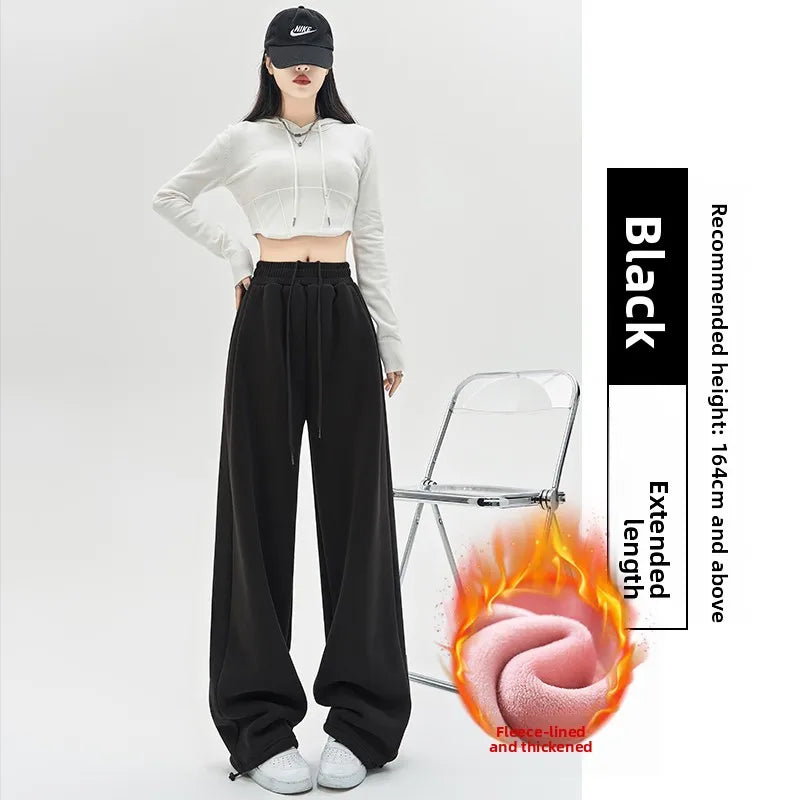 Gray Lamb Velvet Sport Pants Women's High Waist Drapey Fleece Wide Leg Casual Small Size Thickened Cotton Pants
