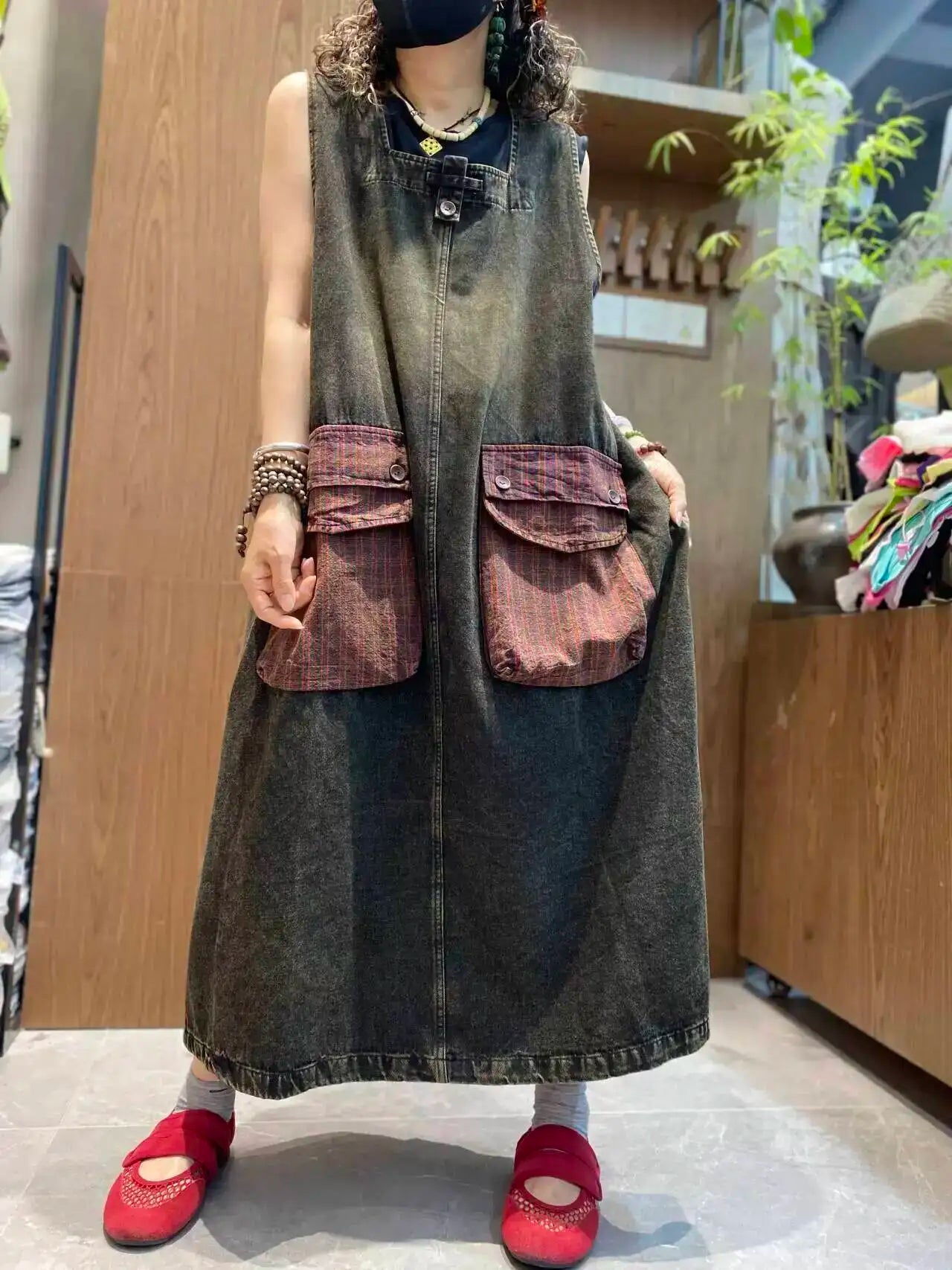 Color-blocked Large Pocket Denim Dress Women Sleeveless Suspender Tank Dress XY326
