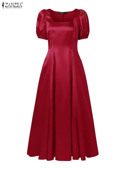 ZANZEA Elegant Chic Women Satin Wedding Guest Party Long Dresses Square Neck Short Puff Sleeve Fitted Waist A-Line Dress S-3XL