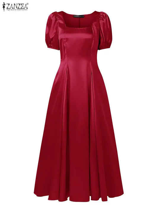 ZANZEA Elegant Chic Women Satin Wedding Guest Party Long Dresses Square Neck Short Puff Sleeve Fitted Waist A-Line Dress S-3XL