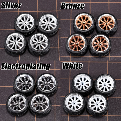 1/64 Model Car Wheels 4 Sets-11mm Diameter ABS Rubber Tires with Brake Disc-Upgrade Parts for Tomica Hot Wheels Diecast Vehicles