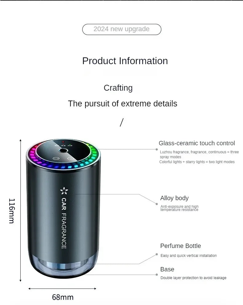 Car Aromatherapy Perfume with Automatic Spray Aluminum Alloy Metal Odor Remover with Colorful Star Ceiling Atmosphere Light