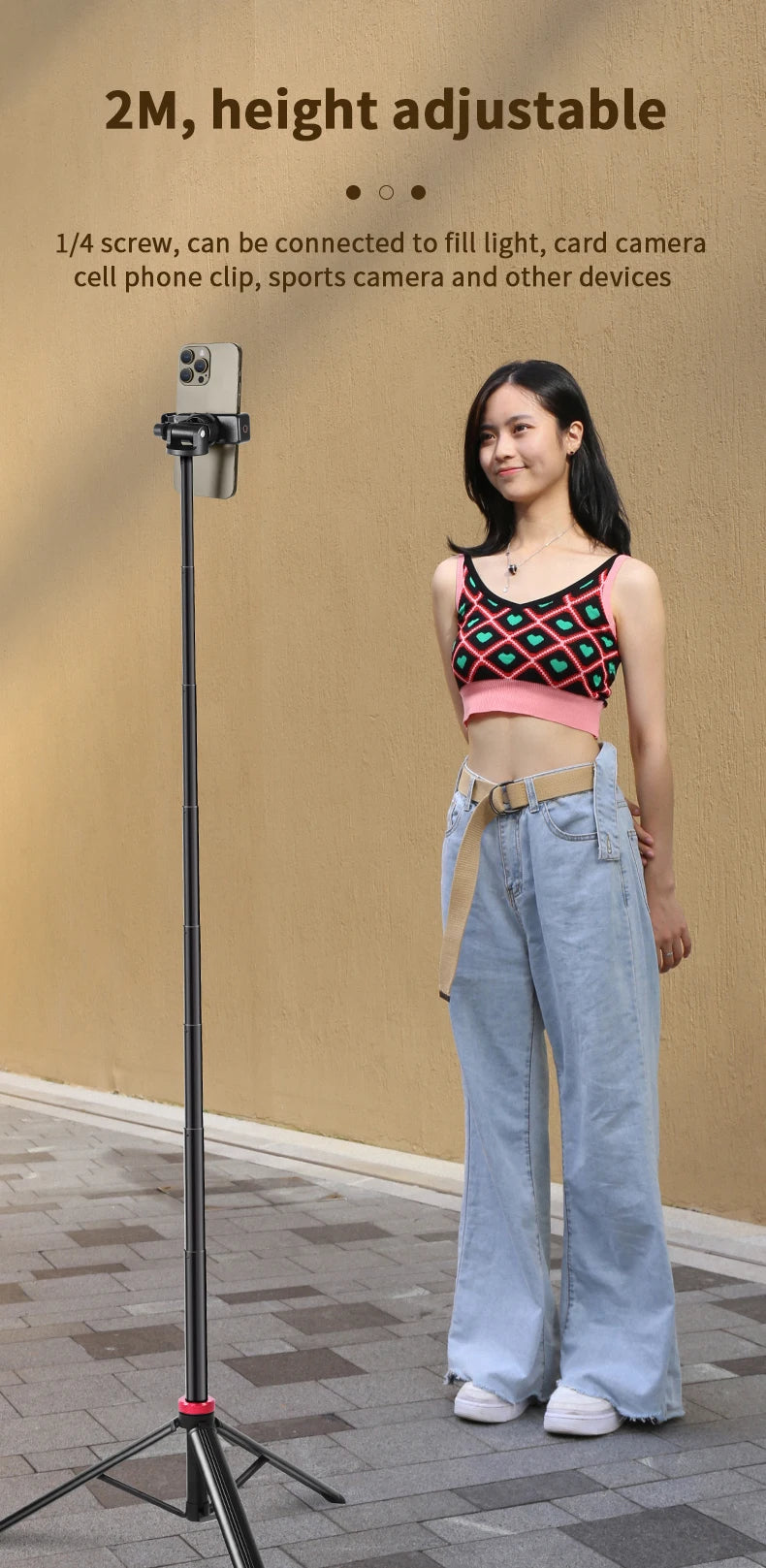 2M Portable Universal Tripod Aluminum Alloy Lamp Holder for 1/4 screw Fill Light Lightweight Camera Action Camera