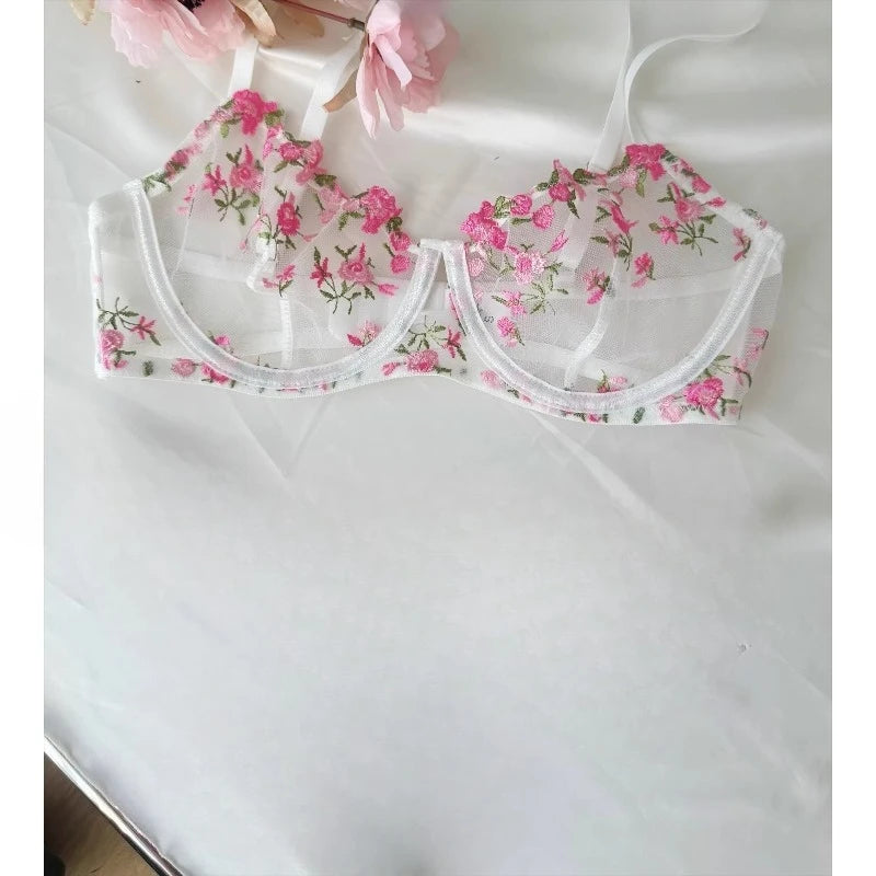 Sexy Floral Embroidery Mesh Bra Set Sweet Sheer Lace Lingerie Soft Comfort Breathable Underwear Suit Party Dating Daily Wear Bra
