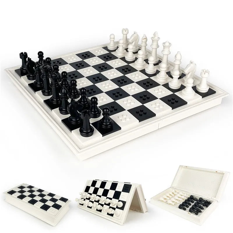 White Chess Set, Premium Folding Building Blocks with Storage Box, Black and White Design,Tabletop Game Toy For Children
