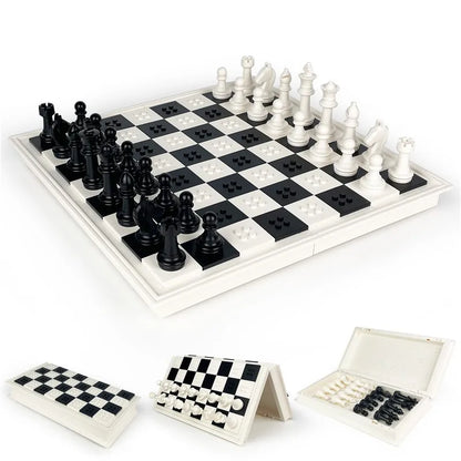 White Chess Set, Premium Folding Building Blocks with Storage Box, Black and White Design,Tabletop Game Toy For Children