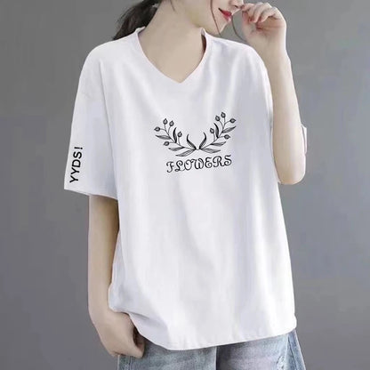 100% Pure Cotton V-Neck Short Sleeve T-Shirt Women's Loose Fashionable Printed Mom Top Trendy Korean Style Summer Wear