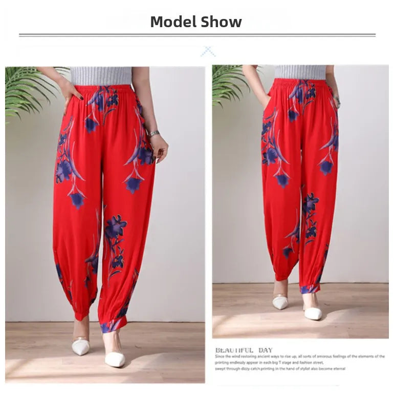 High Waist Lantern Pants Casual Cotton Silk Large Size Printed Long Trousers for Middle-Aged And Elderly Women