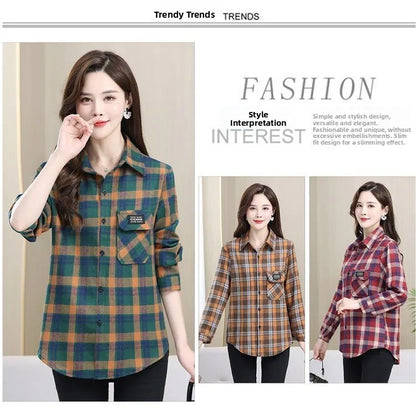 Loose Long Sleeve Mom Shirt Women's New Style Slimming Age-Defying Outerwear Versatile Early Autumn Plaid Outfit  Collar