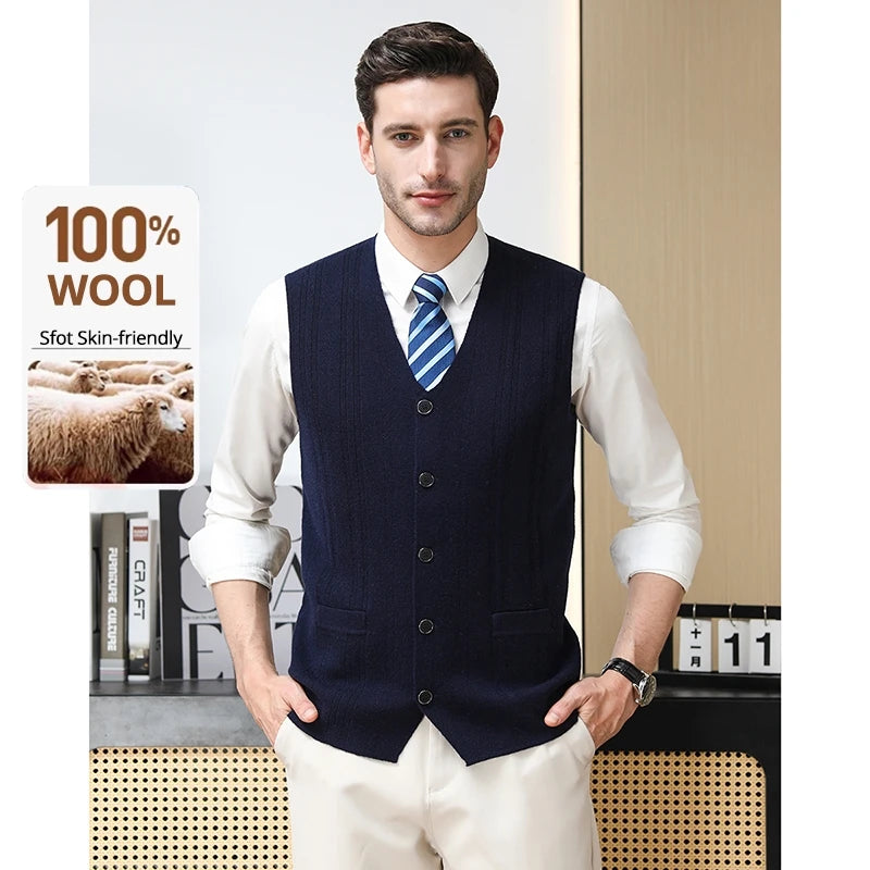 High End 100% Wool New Autum Winter Fashion Brand Knit Cardigan Slim Fit Sweater Vest V-neck Sleeveless Casual Mens Clothing