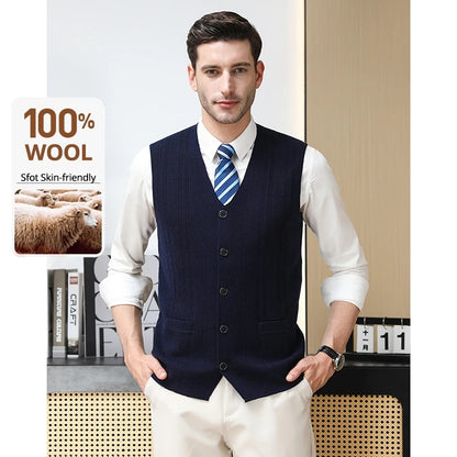 High End 100% Wool New Autum Winter Fashion Brand Knit Cardigan Slim Fit Sweater Vest V-neck Sleeveless Casual Mens Clothing