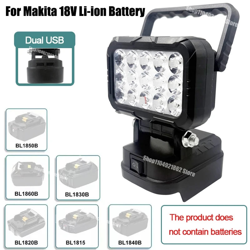 Power Tool Parts for Makita for Milwaukee for Dewalt 18V Lithium Battery LED Work Lights Lamp Hand Lantern Spotlight USB Charger