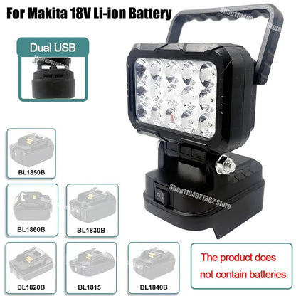 Power Tool Parts for Makita for Milwaukee for Dewalt 18V Lithium Battery LED Work Lights Lamp Hand Lantern Spotlight USB Charger