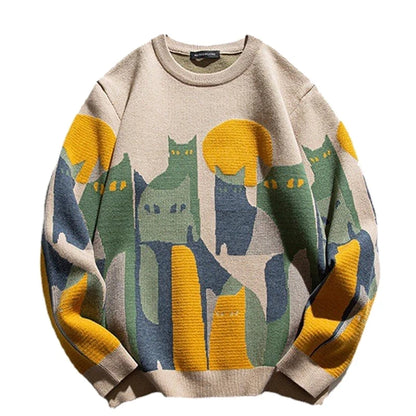 2023 Autumn Knitted Sweater Men Women Winter Harajuku Cartoon Full Cat Print Pullover Vintage Causal Loose Sweaters Streetwear