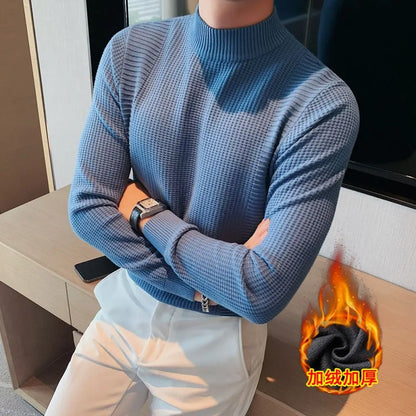 2023 Male High End Fashion Knitted Pullover Sweater Men Half Turtle Neck Winter Woolen Casual Jumper Clothes