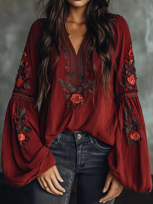 Plus Size Boho Blouse for Women V Neck Floral Embroidered Bell Sleeve Loose Fit Casual Ethnic Beach Vacation Retro Shirt Top