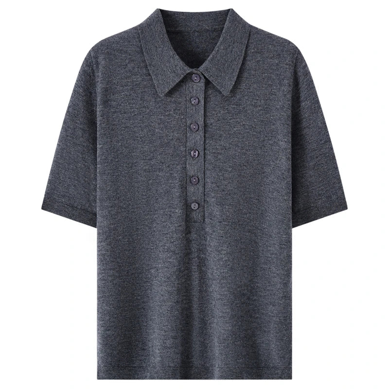 100% fine spun wool women's T-shirt summer solid knitted pullover Jumper sweater short sleeved loose Polo collar Tees Pull Tops