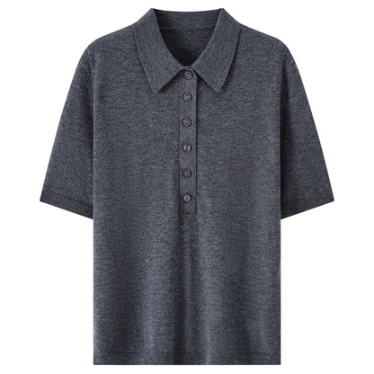 100% fine spun wool women's T-shirt summer solid knitted pullover Jumper sweater short sleeved loose Polo collar Tees Pull Tops