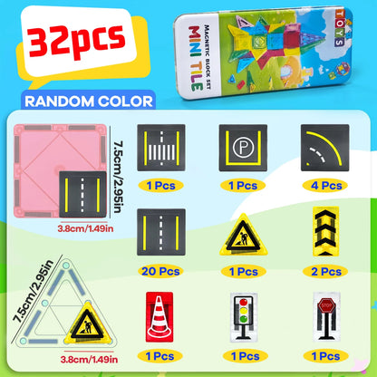 Magnetic Road Construction Set Toys For Kids Gift Magnetic Building Blocks Montessori Educational Toys 32/58PCS With Iron Box