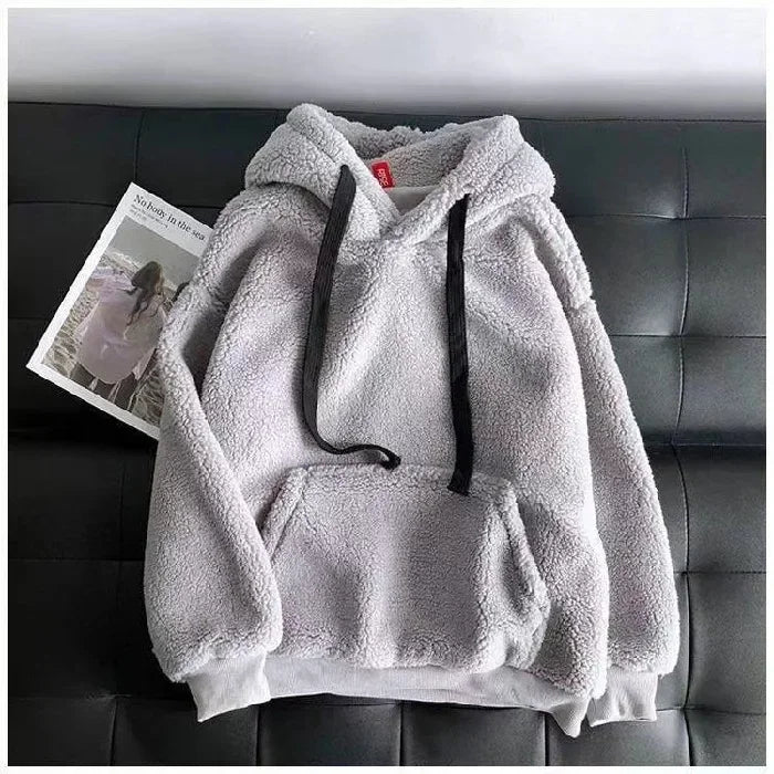 Imitation Lambskin Hoodie Winter Simple Couple Long-Sleeved Hoodie Wear for Both Men and Women Fluffy Thickened Hooded Loose Top