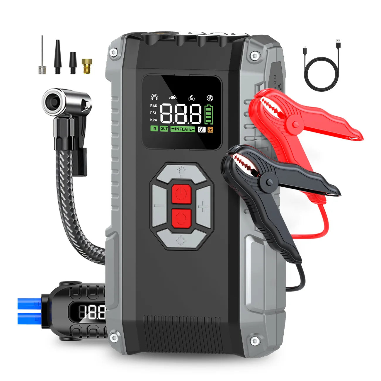 SUKIN 20000mAh Portable Car Jump Starter Built in air compressor 12V Booster Starting Device With  LED Light&USB Type-C Output