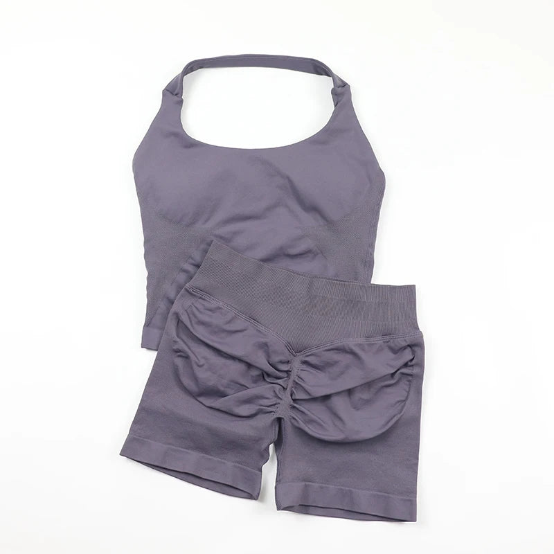 Women's Halter Neck Backless Yoga Set Seamless 2-Piece Outfit Ribbed High-Waist Scrunch Shorts Butt Lifting Gym Pilates Fitness