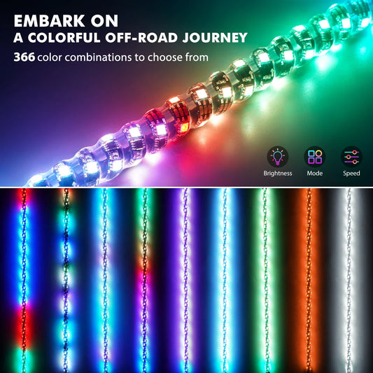 BEVINSEE 3FT LED Spiral Whip Light APP&Remote Control RGB Whip Lights for Polaris RZR Can-Am Maverick X3 UTV ATV Off-Road Buggy