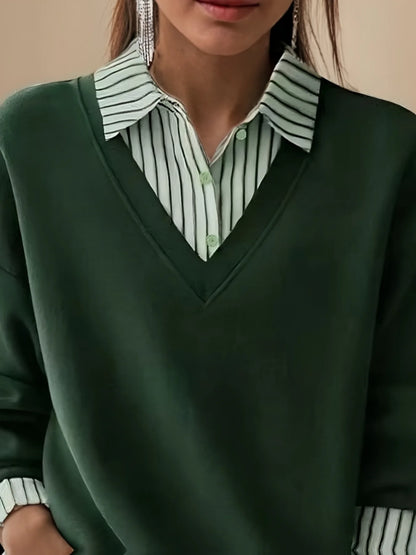 Women's solid-color long-sleeve polo shirt with color-block collar design  stylish and casual knitted top for spring and summer
