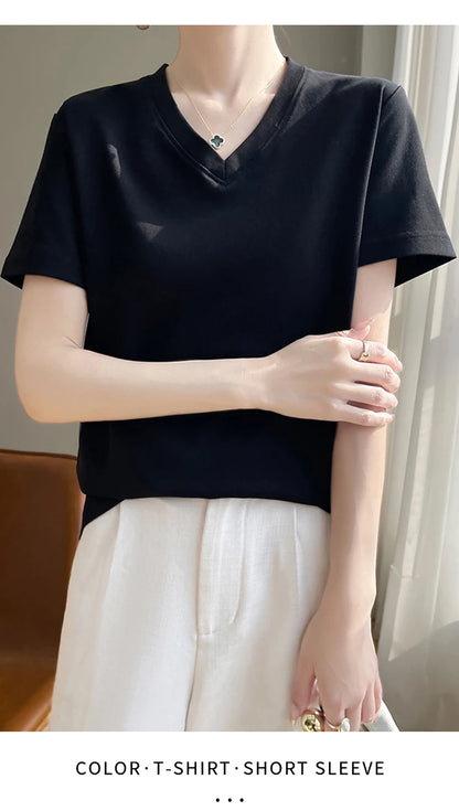 2026 Summer New Pure Cotton V-neck Short-sleeved T-shirt Women's Solid Color Joker Pullover Shirt with Loose Sleeve Bottom Shirt