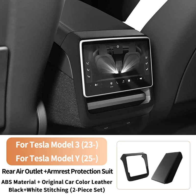 For Tesla Model 3 Highland & Model Y Juniper Rear Air Vent Cover & Leather Center Console Armrest Box Protection Car Accessories
