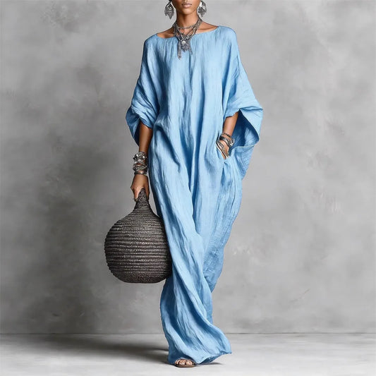 2026 cross-border women's clothing European and American solid color temperament long-sleeved one-line collar long casual dress