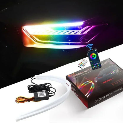 12V DRL Car LED Daytime Running Light APP Control Flexible RGB Symphony Flowing Turn Signal Strip Headlight Decorative Lamp