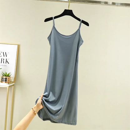 Summer Thin Ice Silk A-Line Dress Women's Casual Long Gown Inner Wear Vest Dress plus Size Korean Style Loose Waist Design