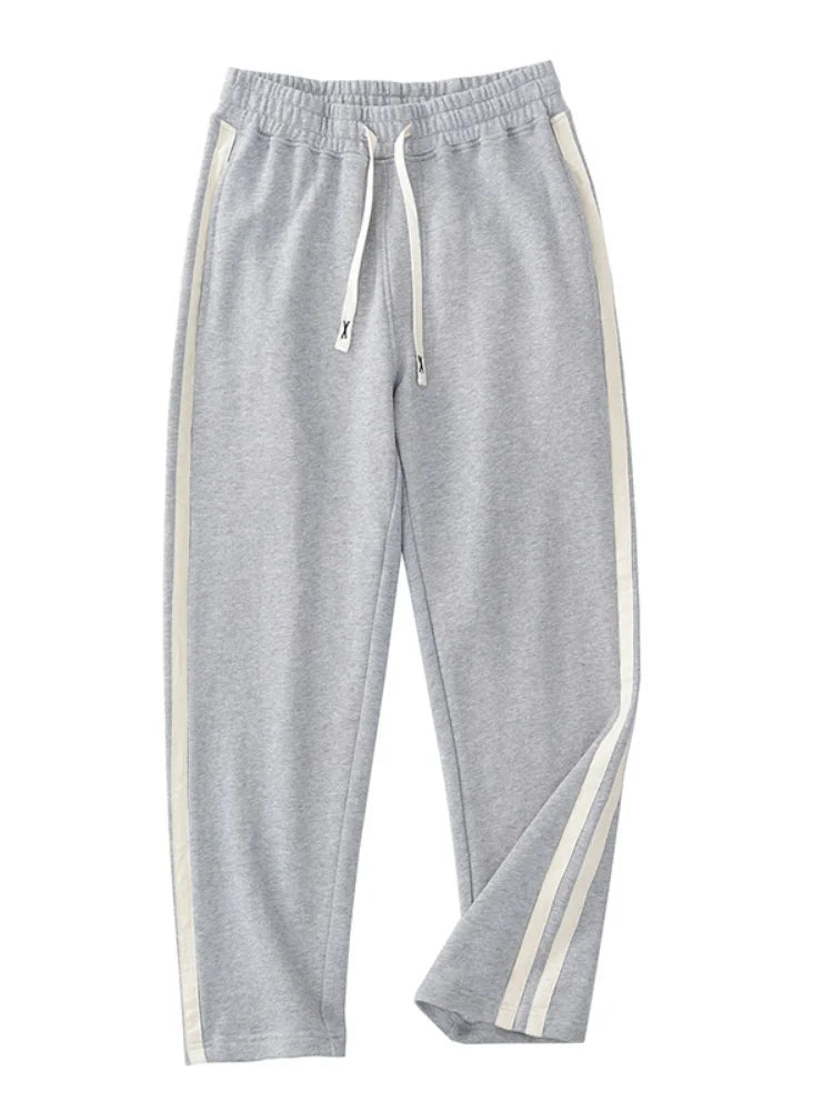 Spring Autumn American Retro Drawstring Knitted Striped Sweatpants Men's Simple 100% Cotton Sports Casual Loose Straight Pants