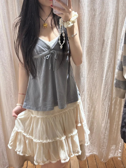 Sweet Lace-up Camisole Women Summer Streetwear Simple Basic Deep V-neck Sleeveless Vests Vintage Cute Cotton Tank Tops Y2K