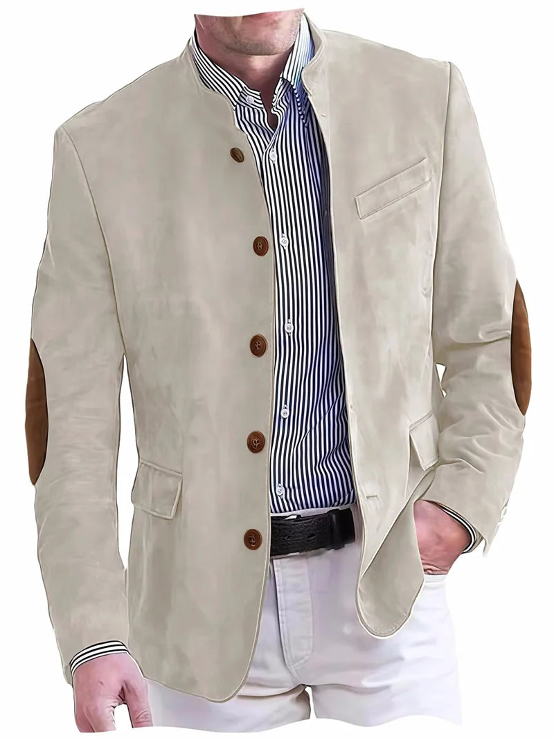 Men's Casual Blazer Flannel Suit Jacket With Elbow Patches Band Collar Brown Button Daily  Casual Slim Fit Customized Business