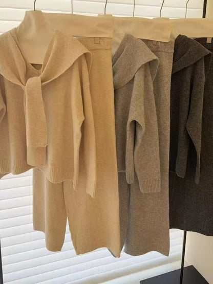 Loose V-neck Knitwear Women's Fashion Sweater Small Shoulder Drape Wide Leg Pants Autumn Three-piece Set Korean Style