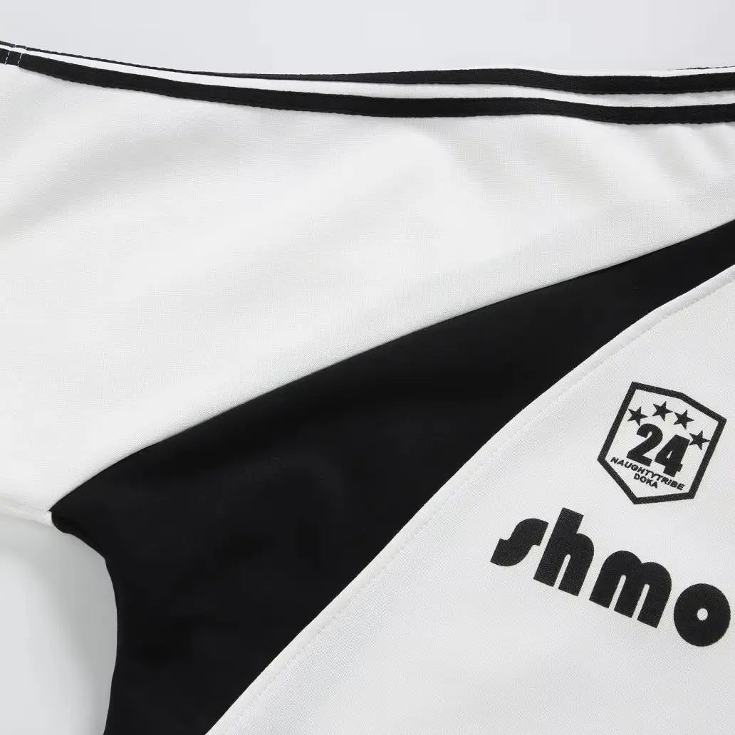 Sporty Unisex Polo T-Shirt, Black White Contrast with Stripes & Logo Print, Loose Summer Streetwear