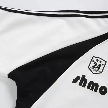 Sporty Unisex Polo T-Shirt, Black White Contrast with Stripes & Logo Print, Loose Summer Streetwear