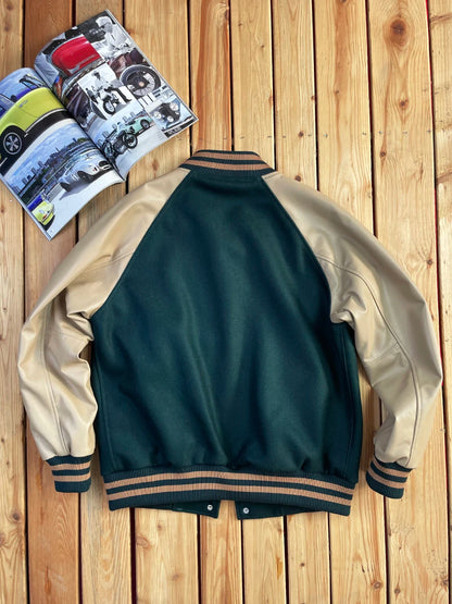 Premium Sheepskin Leather Baseball Jacket Men's Loose Fit Retro Style Wool Blend Outerwear Youthful Casual Winter Coat