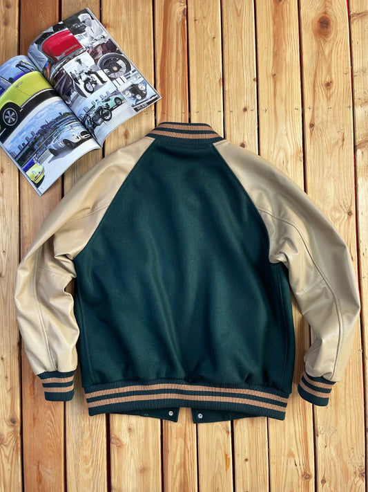 Premium Sheepskin Leather Baseball Jacket Men's Loose Fit Retro Style Wool Blend Outerwear Youthful Casual Winter Coat