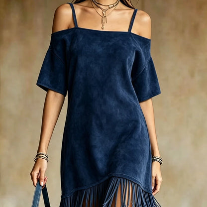 Casual Solid Color Suede Mini Dress Women Off Shoulder Spaghetti Strap Loose Fit Tassel Hem Elegant Daily Wear Chic Sundresses