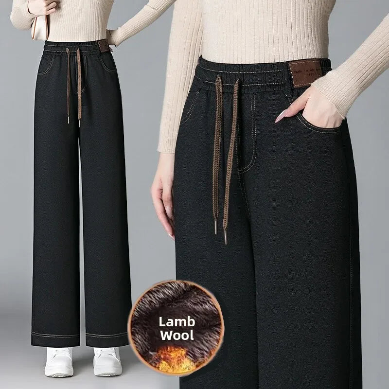 High Waist Fleece Lined Thick Wide Leg Jeans Women's Casual Straight Leg Pants Autumn Winter Loose Fit Comfortable Trousers