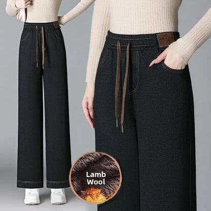 High Waist Fleece Lined Thick Wide Leg Jeans Women's Casual Straight Leg Pants Autumn Winter Loose Fit Comfortable Trousers