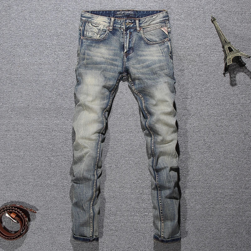 Italian Style Fashion Men Jeans Retro Washed Stretch Slim Fit Ripped Jeans Men Vintage Trousers Designer Denim Pants Hombre