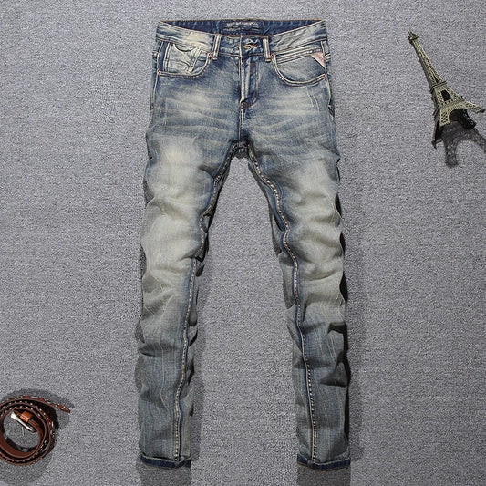 Italian Style Fashion Men Jeans Retro Washed Stretch Slim Fit Ripped Jeans Men Vintage Trousers Designer Denim Pants Hombre