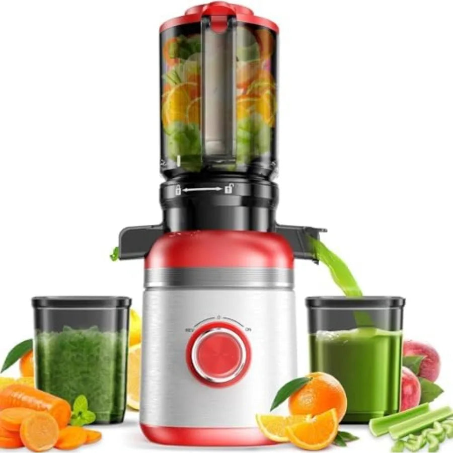 Cold Press Juicer Machines for home kitchen use, ABS plastic body, red color, wide feed chute and high juice yield